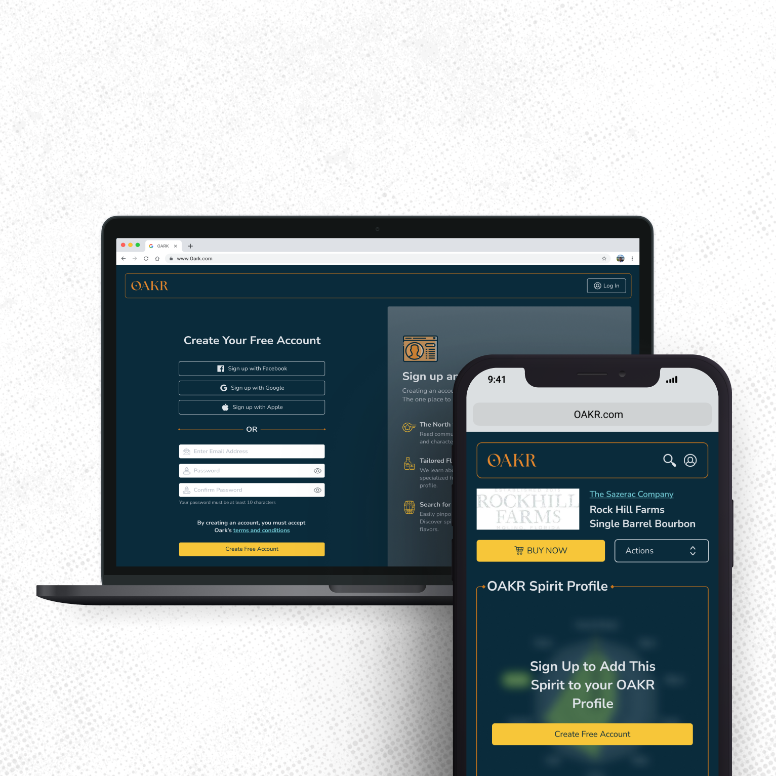 Screenshot of a bourbon platform showcasing a log-in and spirit profile.