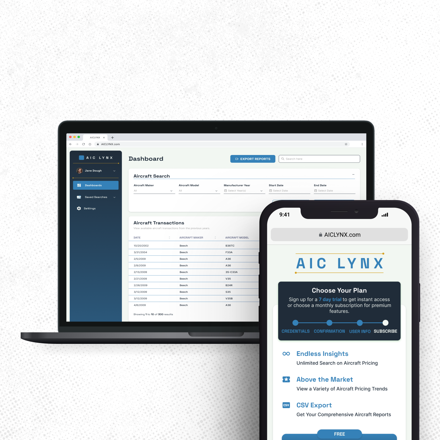 Screenshot of a dashboard with aircraft data and subscription page.