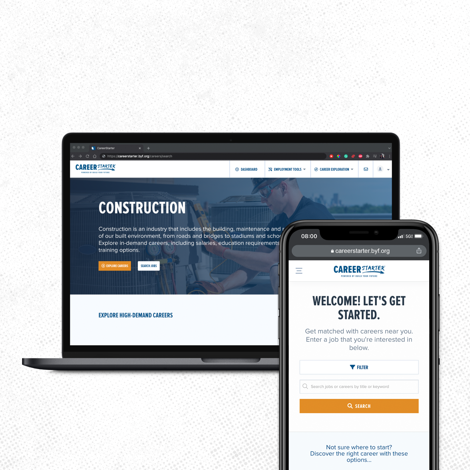 Screenshot of BYF job search platform showing search capabilities and explanation of construction.